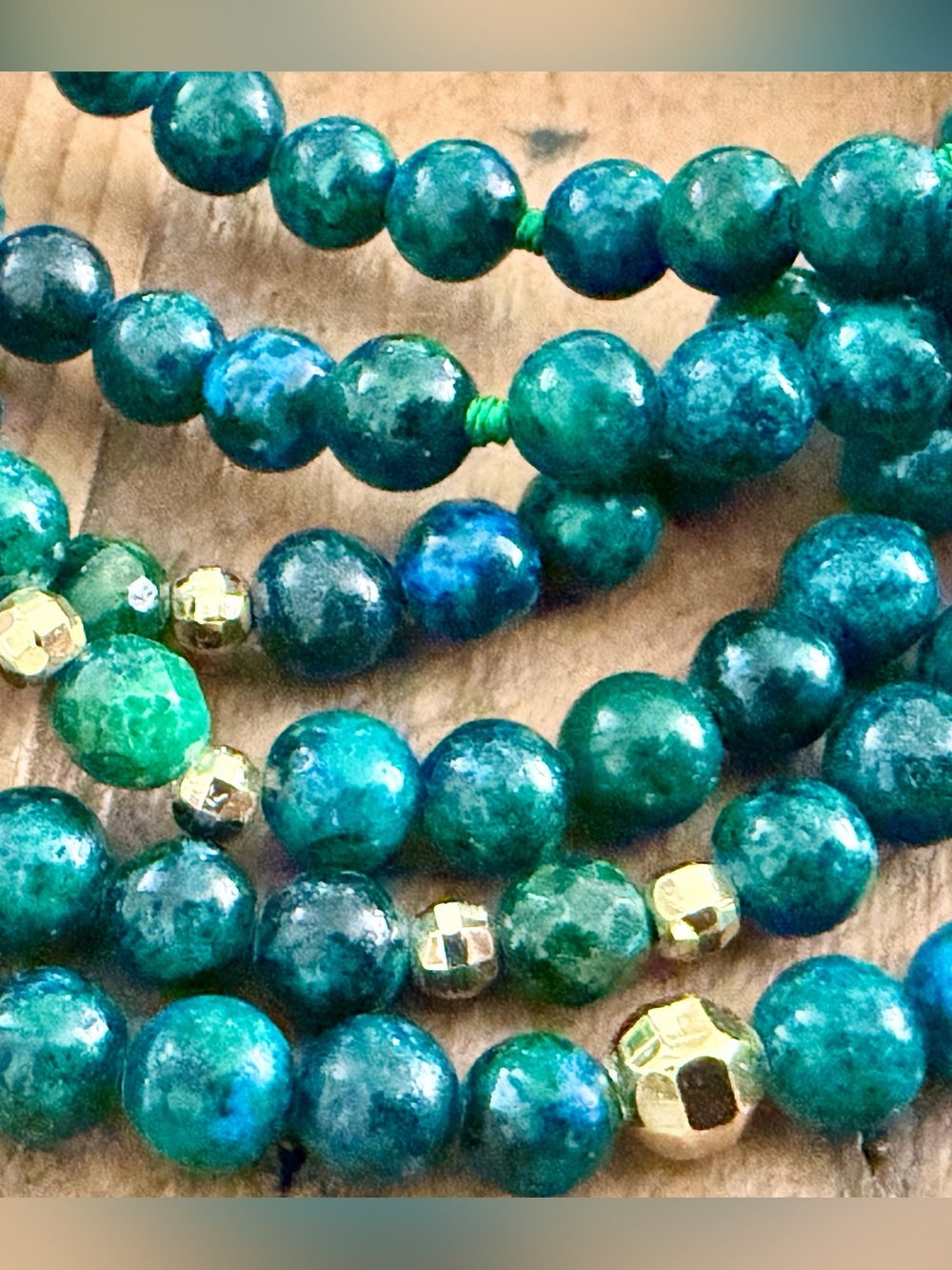ARIVA FINE JEWELRY 18K GOLD CLAD 60" CHRYSOCOLLA BEADED NECKLACE 78g